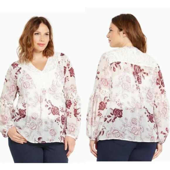 Torrid Tops - Torrid Floral Sheer Chiffon Top Shirt Blouse Women's Size 2, 2X White Purple